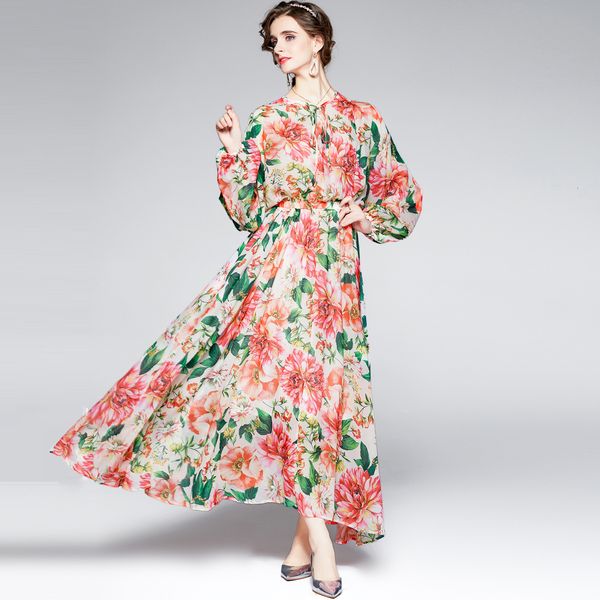 

175 women's wear holiday printed long skirt elastic waist chiffon dress, Black;gray