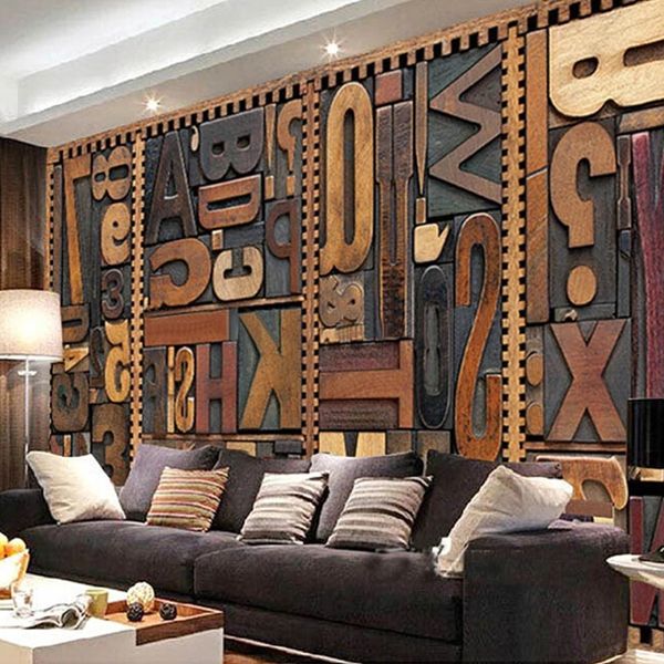 

custom size european retro mural p 3d stereoscopic wood alphabet wallpaper cafe bar wall painting waterproof