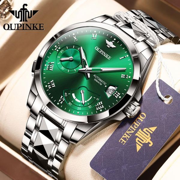 

wristwatches oupinke fashion men watch brand multifunction automatic calendar waterproof luminous mechanical watches, Slivery;brown
