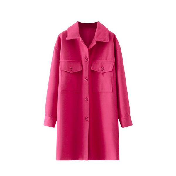 

women's wool & blends women 2022 fashion single-breasted shirt style coat vintage long sleeve double pockets female outerwear overcoat, Black