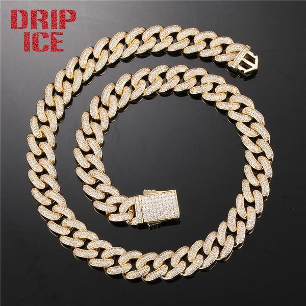 

chains drip 14 mm cuban chain iced out cubic zirconia brass spring clasp buckle white gold plated jewelry men hip hop necklace, Silver