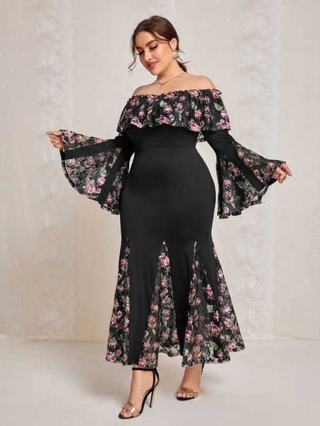 

plus foldover floral print flounce sleeve mermaid hem dress q0y0#, Black