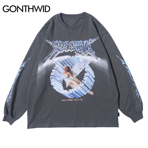 Gonthwid Tees Camiseta Criativo Anjo 3D Imprimir Manga Longa Tshirts Streetwear Hip Hop Hipster Casual Hot T-shirts Fashion Tops C0315