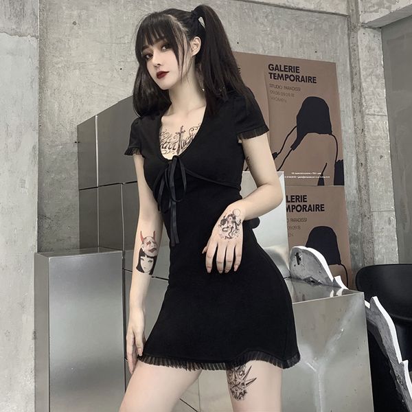

bodycon black v-neck mini dress women gothic streetwear lace bandage short sleeve dress female retro party dress, Black;gray