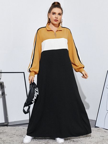 

plus o-ring zipper colorblock stripe side dress h2gs#, Black