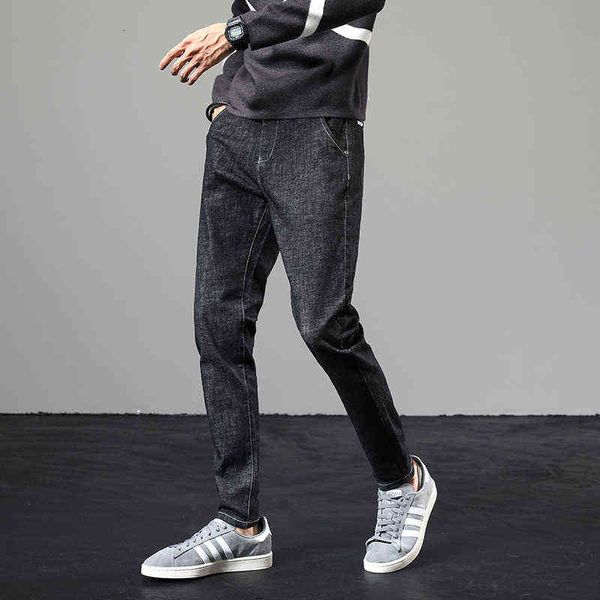 

youth 2021 pocket letter printing dign simple slim fit jeans men's wear, Blue