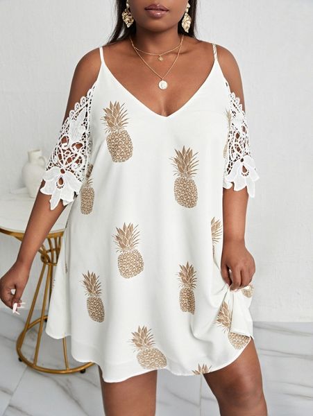 

sxy plus pineapple print contrast guipure lace cold shoulder dress m0dd#, Black