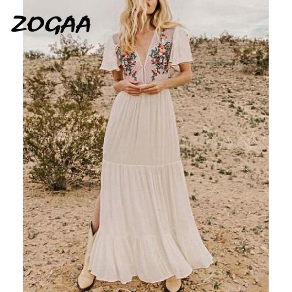 

casual dresses zogaa 2021 summer boho women maxi dress short sleeve see through floral embroidery long beach white, Black;gray