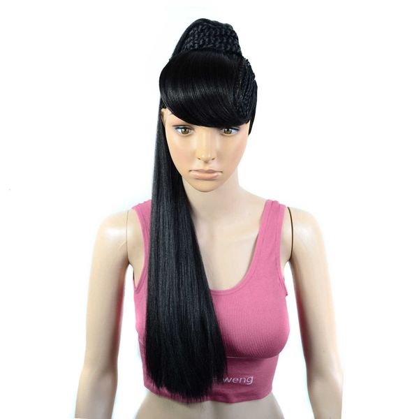

bangs three strand braided bun with inclined bangs ffy wig tail, Black