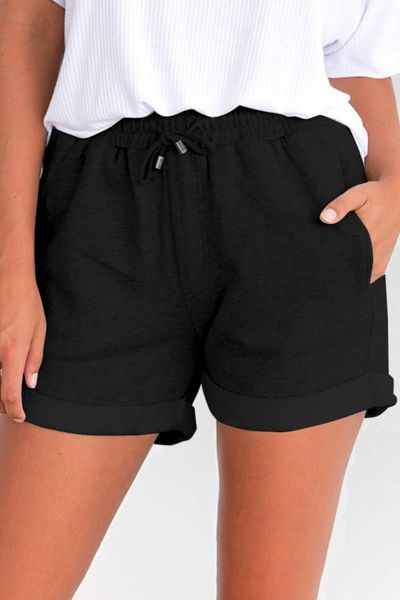 

women's shorts 2021 fashion young black tie waist side pockets cuffed lounge solid color soft and comfortable for summer, White;black