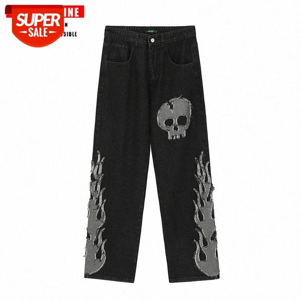 

tkpa skull embroidery stitching straight wide-leg trousers men's hip-hop loose jeans #4s29, Blue