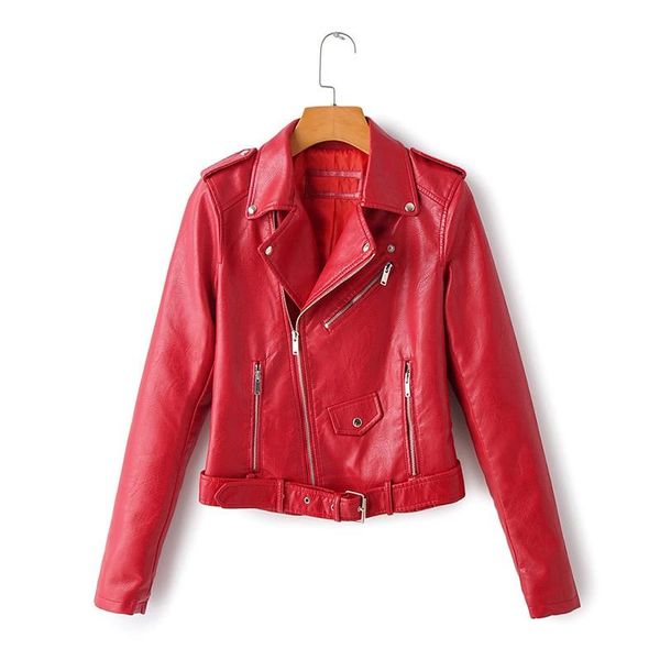 

women's leather & faux women biker moto style jacket spring autumn slim turn down collar zipper coats female with belt outwear, Black