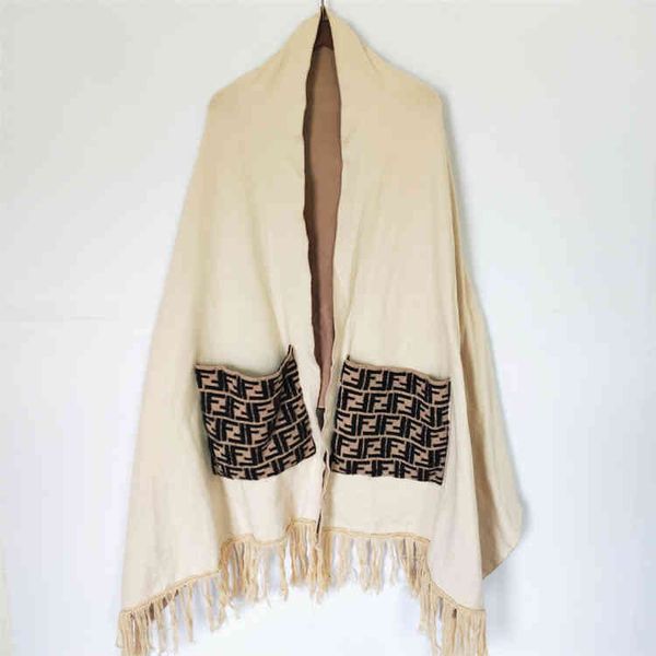 

winter large pocket jacquard tassel shawl, White;black