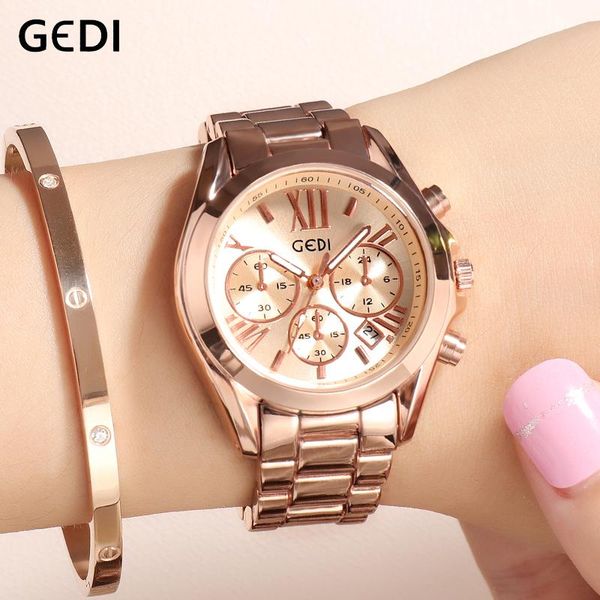 

wristwatches relogio feminino gedi 2021 luxury rose gold women watch fashion ladies wristwatch casual quartz girl gift, Slivery;brown