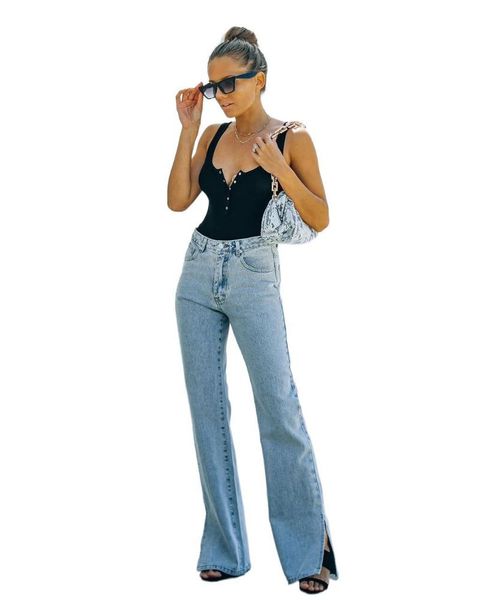 

women's jeans pure color straight 2021 summer casual trousers split wash water simple fashion fresh slim pantalon, Blue