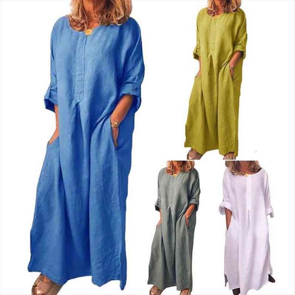 

salesnew arrival vintage solid womens dress color long sleeve o neck pockets maxi tunic kaftan, Black;gray