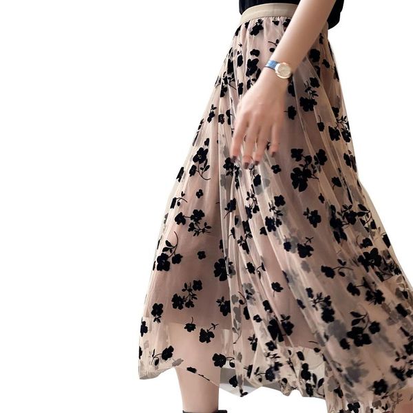 

women floral tutu tulle mesh skirts spring elastic high waist flower print overlay layered a line midi skirt female clothes, Black