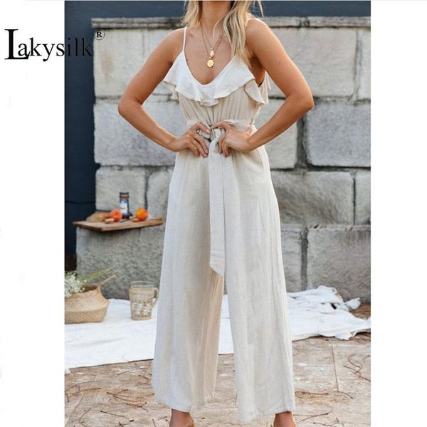 

women's jumpsuits & rompers 2021 spring fashion sling ruffles straight solid wide leg long pants women casual elegant sexy, Black;white