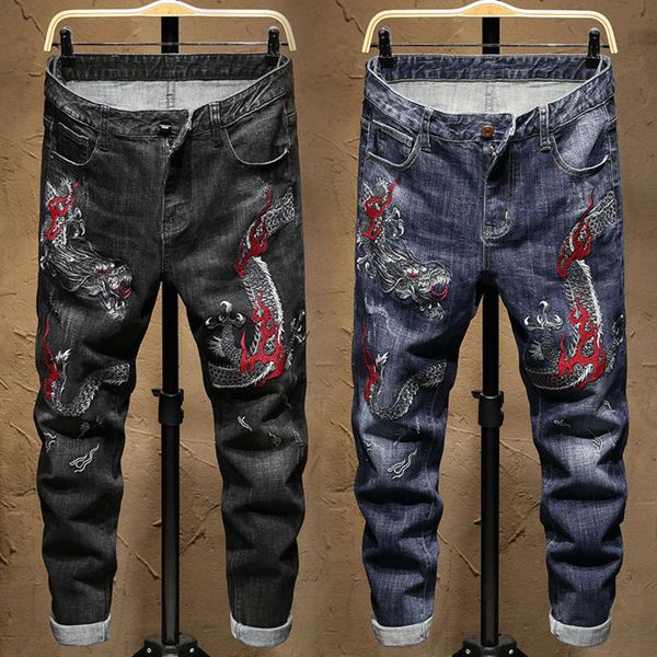 

autumn winter dragon embroidered jeans men's elastic slim feet personality fashion brand long pants printing, Blue