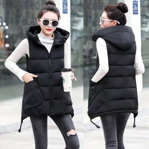 

women's vests medium-length down cotton vest 2021 autumn and winter fit-up slim with a hat to keep warm tide, Black;white