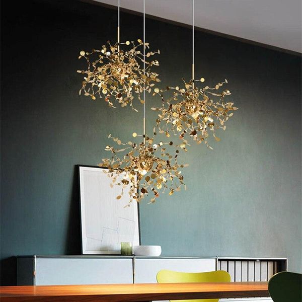 

pendant lamps multiple choices nordic argent parlor lamp creative stainless steel leaf el hall art led bulbs cord gold iron