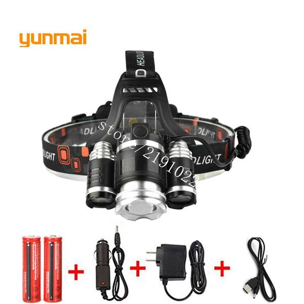

headlamps usb 8000lm xml t6+2r5 zoom led headlight headlamp head lamp light 4-mode torch+2x18650 battery+eu/us/uk/au car charger fishing