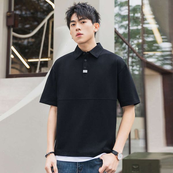 

polo shirt men's t-shirt stitching fake two pieces short sleeve men's fashion brand lapel half sleeve t-shirt loose bottomed shirt, White;black