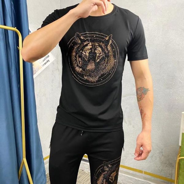 

men's tracksuits trend summer high-end custom diamond black round neck t-shirt+slim trousers breathable handsome cotton fabric, Gray