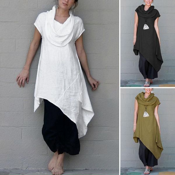 

zanzea 2021 fashion irregular women summer solid blouse female casual cotton turtleneck shirts retro tunic long blusas, White