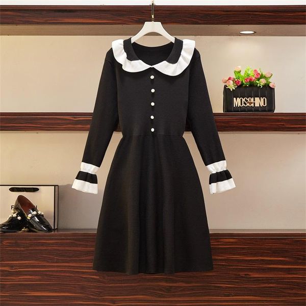 

casual dresses coigarsam 4xl plus size french style loose women dress spring vintage high waist black 09254, Black;gray