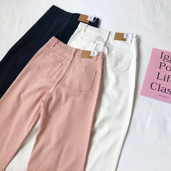

2021 new autumn pink women boyfriend high waist cotton black white korean style female denim pants wide leg jeans x0gz, Blue