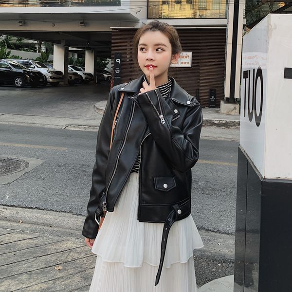 

women's leather & faux short black pu jacket bf motorcycle s 866w