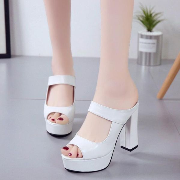 

sandals peep toe shoes woman high heel 11cm shoe slippers platform block heels summer heeled women leather, Black