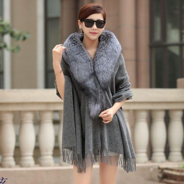 

scarves fashion 100% cashmere cape with natural real fur collar cloak women winter shawl scarf tassel grey color s94, Blue;gray