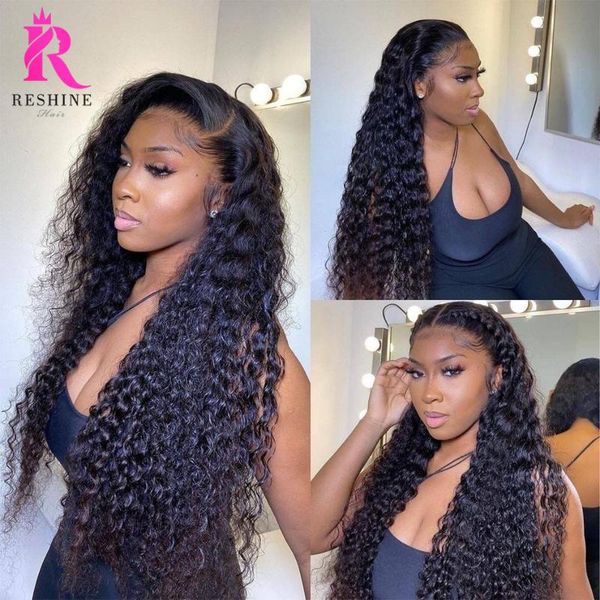 

lace wigs reshine deep curly human hair preplucked 13x4 frontal wig with baby 4x4 kinky closure, Black;brown