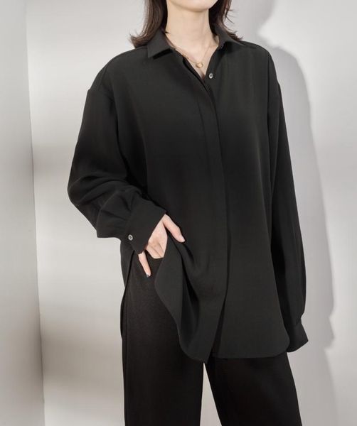 

women's silhouette shirt long sleeve single breasted two colors turn-down collar loose blouse, White