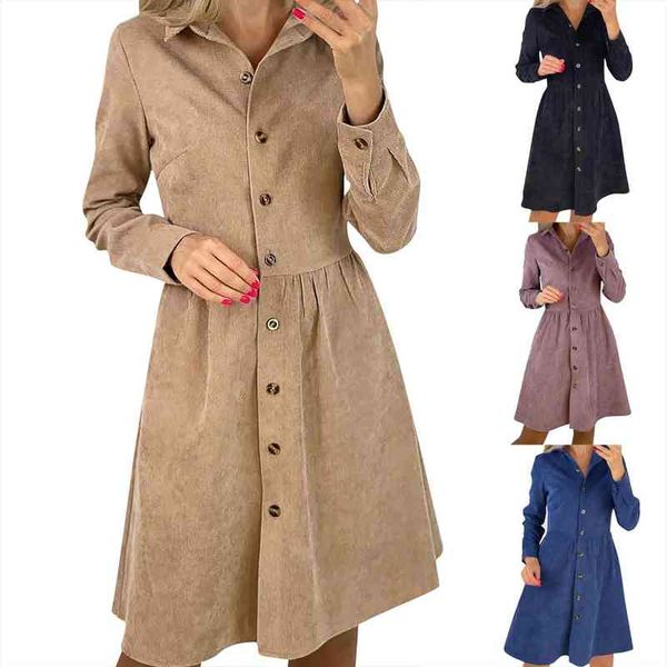 

autumn solid shirt casual women dresses corduroy long sleeve button ruched for elegant a line winter robe vestido, Black;gray
