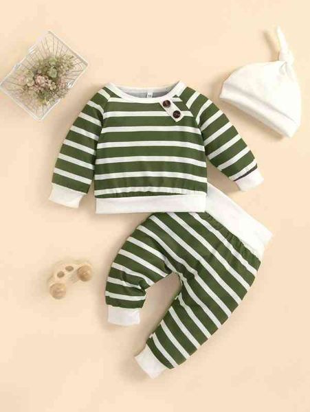 

baby striped fake button raglan sleeve sweatshirt & sweatpants & hat she, White