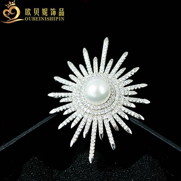 

pins, brooches obn trendy elegant sliver micro pave cz charm sun f brooch pin for women luxury wedding jewelry, Gray