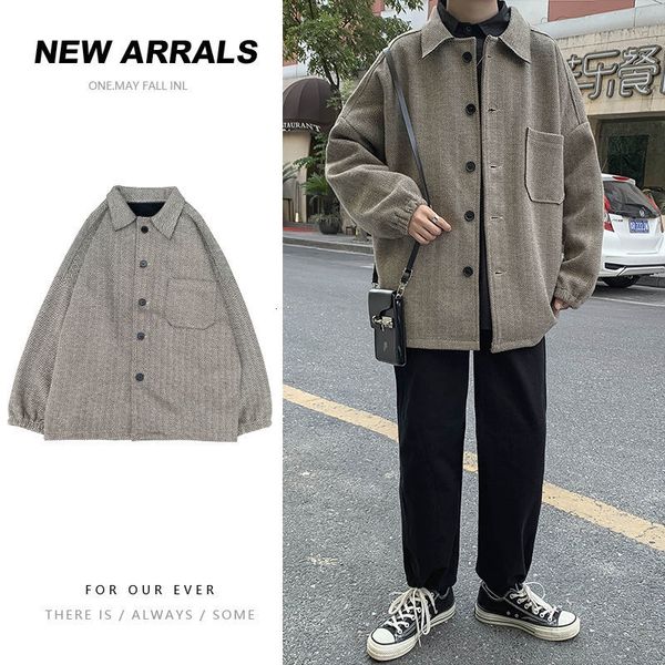 

2021 new korean thick striped men's fashion retro casual short men streetwear loose winter woolen coat mens m-2xl agml, Black