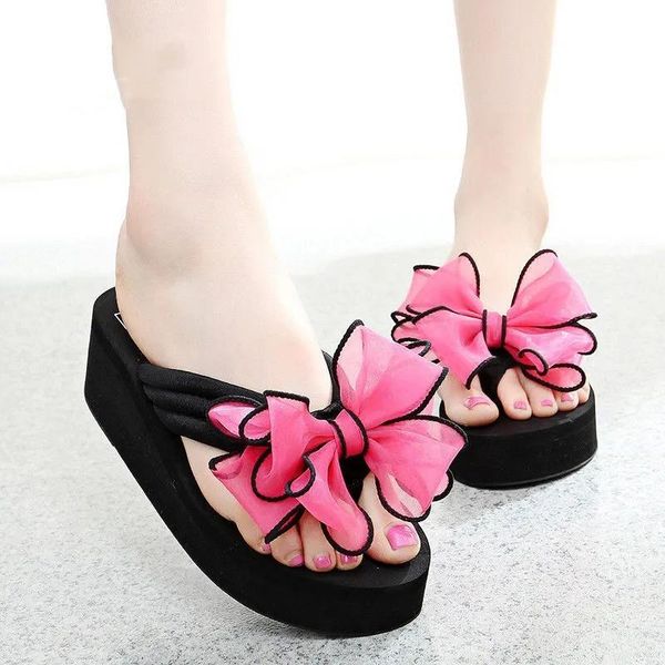 

summer beach outdoor slippers fashion platform wedges lace bowknot flip flops women high heels chunky candy color home slides, Black