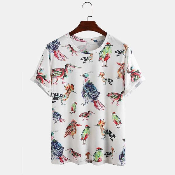 Напечатанная футболка с короткими рукавами веселья мультфильм птица напечатана вокруг шеи повседневные футболки моды сова футболка для мужчин Tee 210527