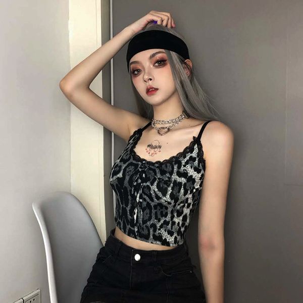 

lace leopard printed sleeveless cami tie up cropped women korean fashion spaghetti strap streetwear, White