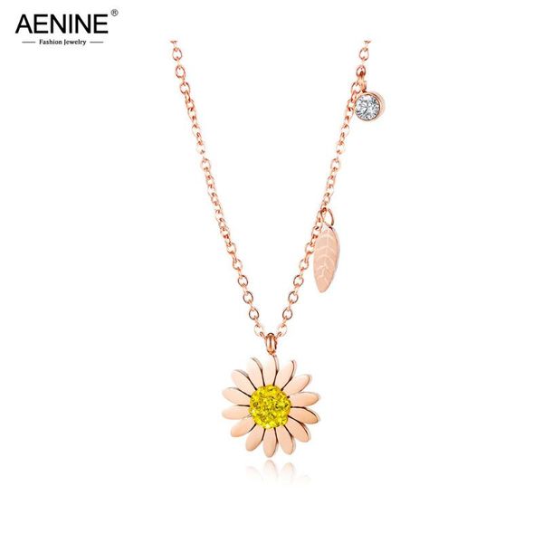 

pendant necklaces aenine stainless steel delicate small daisy necklace rose gold cz crystal charm choker for women an17090, Silver