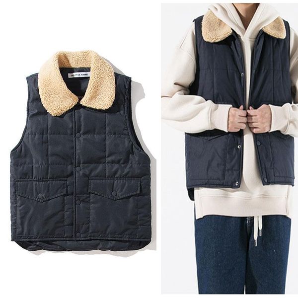 

men's vests black button sherpa linen collar men vest winter warm wear, Black;white