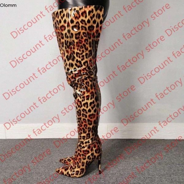 

olomm handmade women shiny thigh high boots stiletto heels boots pointed toe gorgeous leopard club shoes women plus us size 5 15 knee n51x#, Black