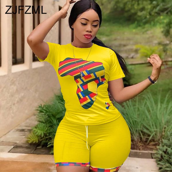 

plus size 2 piece matching set women tracksuit map print short sleeve slim fit bodycon short sweat suit lounge wear outfits 210302, White