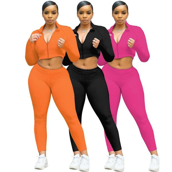 

women's two piece pants fall sweatsuits for women turn down collar zipper long sleeve crop tight fashion womens peice sets wholesale, White