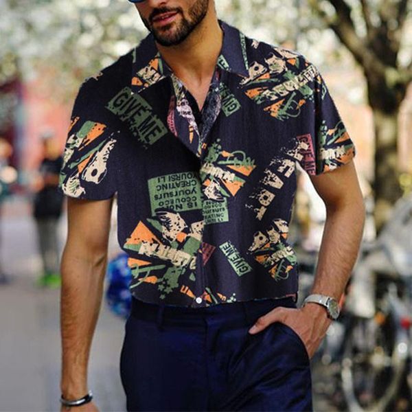 

men's casual shirts vintage letter print turn-down collar men short sleeve 2021 summer mens button loose shirt fashion streetwear, White;black