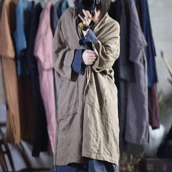 

johnature cotton linen lace up solid color retro patchwork long sleeve coats 2021 autumn new loose plus size women windbreaker, Tan;black